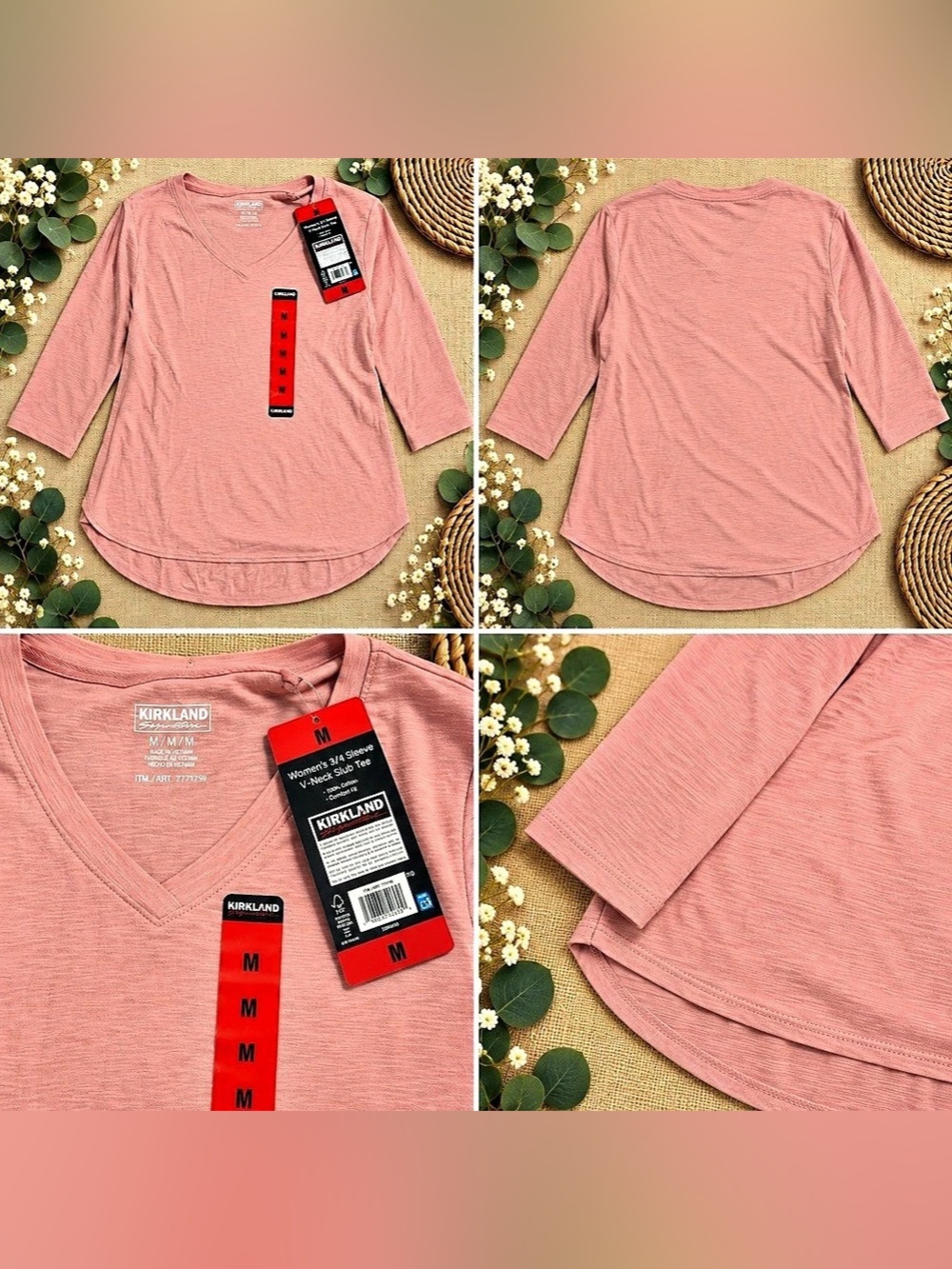 Kirkland Signature Women's 3/4 Sleeve V-Neck Top V-Neck Pink Size Medium NWT